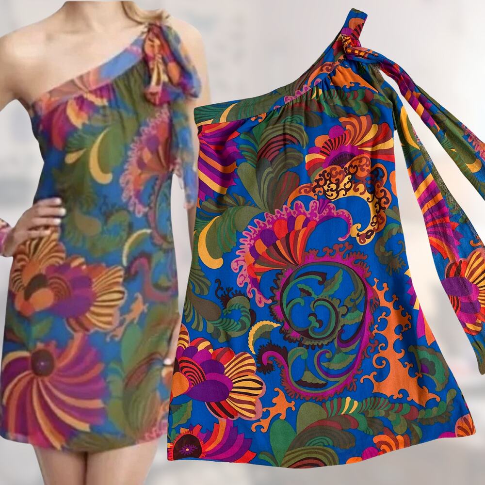 100% Silk Mini Dress Asymmetrical Banana Republic Trina Turk Summer Multicolor